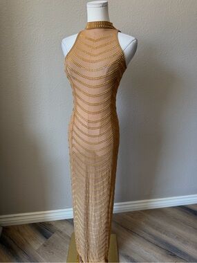 NWOT Gold Halter Maxi Dress with Bead Detailing, See Through, Small